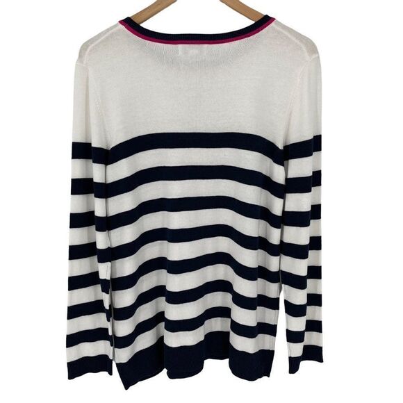 Kim Rogers Intarsia Stripe Crewneck Sweater Sequin Bow Graphic White Blue Large - Picture 7 of 11